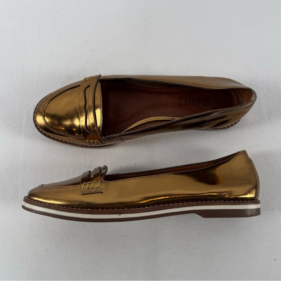 Schutz Gold Metallic Penny Loafers Size 7 - Picture 1 of 6